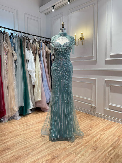 Luxury Silver Nude High Neck Tassel Beaded Mermaid Dress LA73548