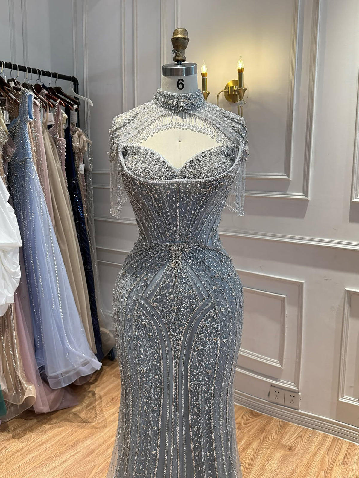Luxury Silver Nude High Neck Tassel Beaded Mermaid Dress LA73548