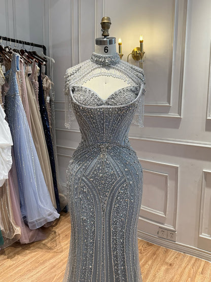 Luxury Silver Nude High Neck Tassel Beaded Mermaid Dress LA73548