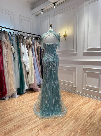 Luxury Silver Nude High Neck Tassel Beaded Mermaid Dress LA73548