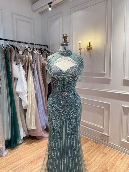 Luxury Silver Nude High Neck Tassel Beaded Mermaid Dress LA73548