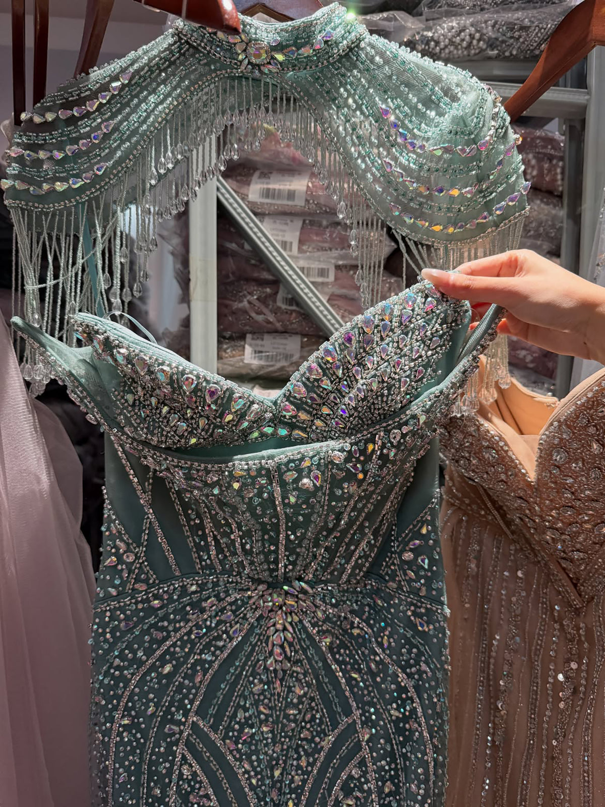 Luxury Silver Nude High Neck Tassel Beaded Mermaid Dress LA73548