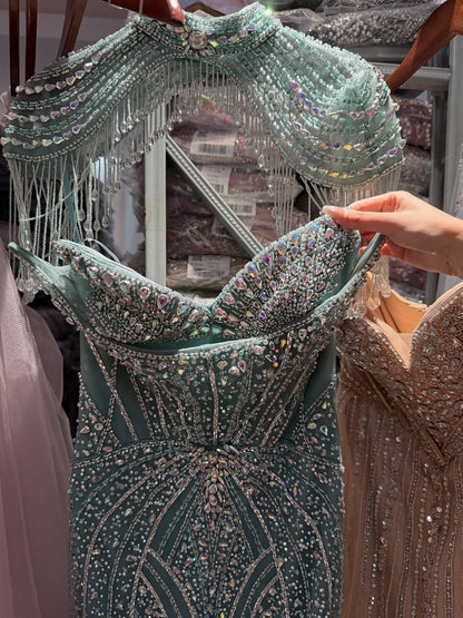 Luxury Silver Nude High Neck Tassel Beaded Mermaid Dress LA73548