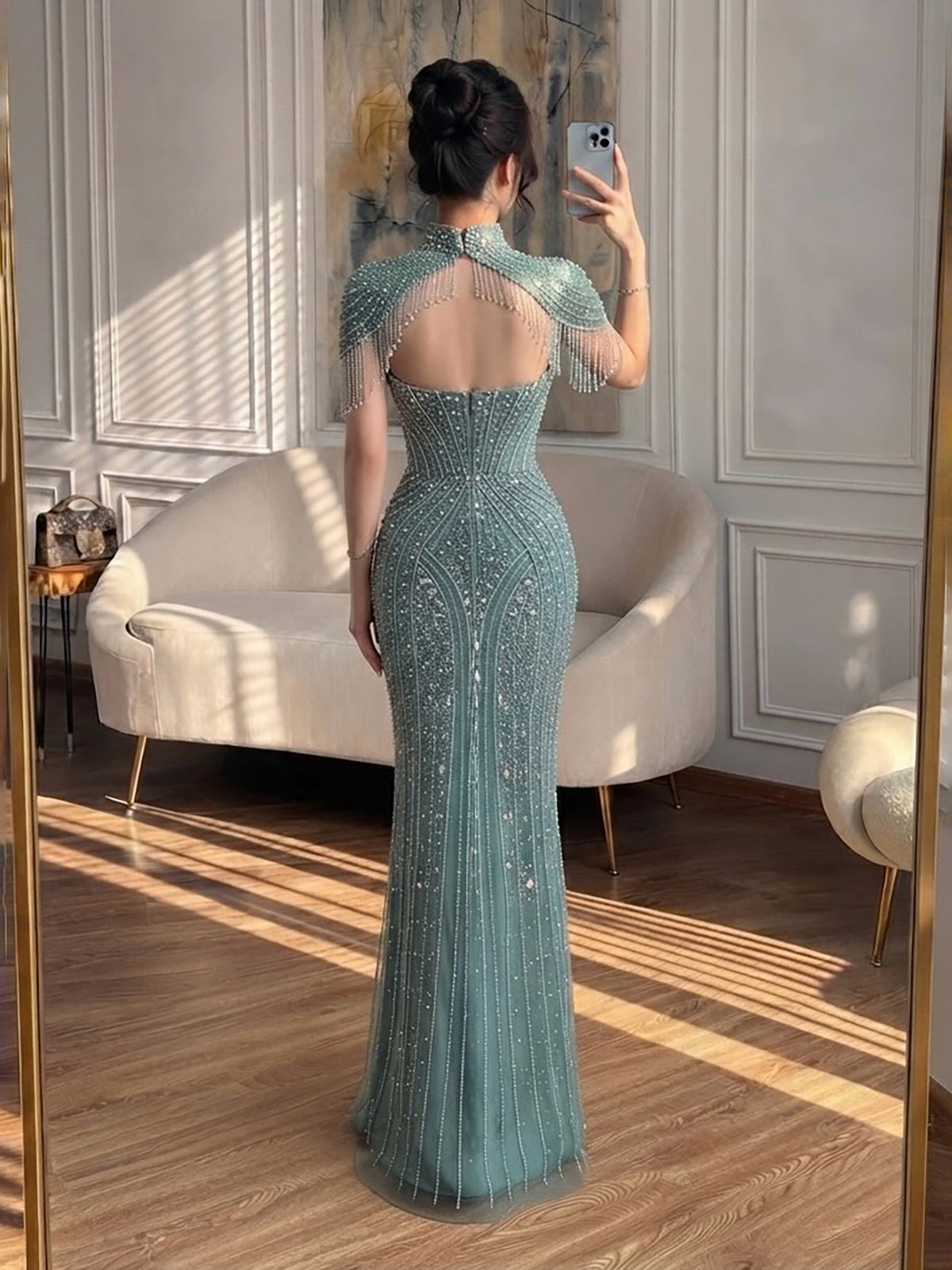 Luxury Silver Nude High Neck Tassel Beaded Mermaid Dress LA73548
