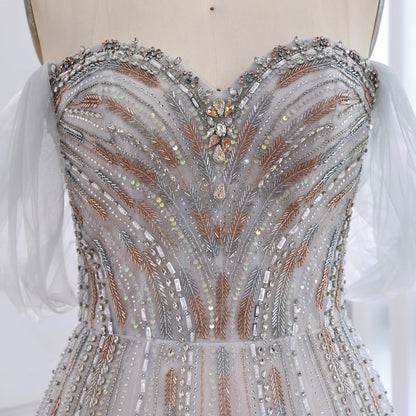 Luxury Blue Feather Beaded A Line Evening Dress LA73549