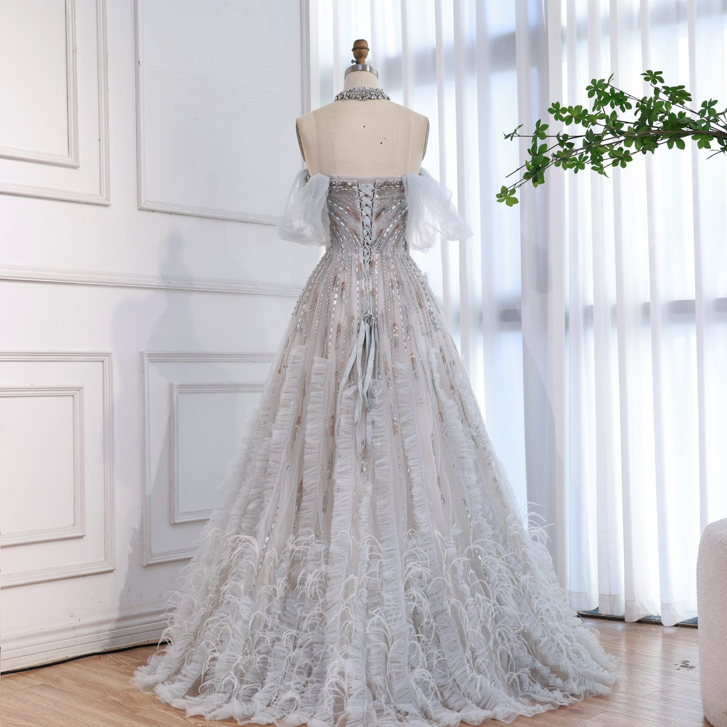 Luxury Blue Feather Beaded A Line Evening Dress LA73549