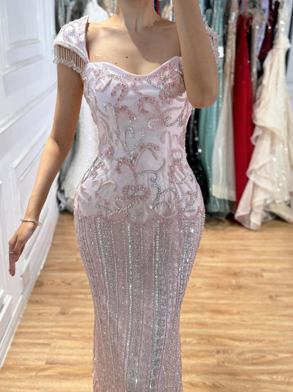 Luxury Pink Beaded Mermaid Evening Dress LA73550