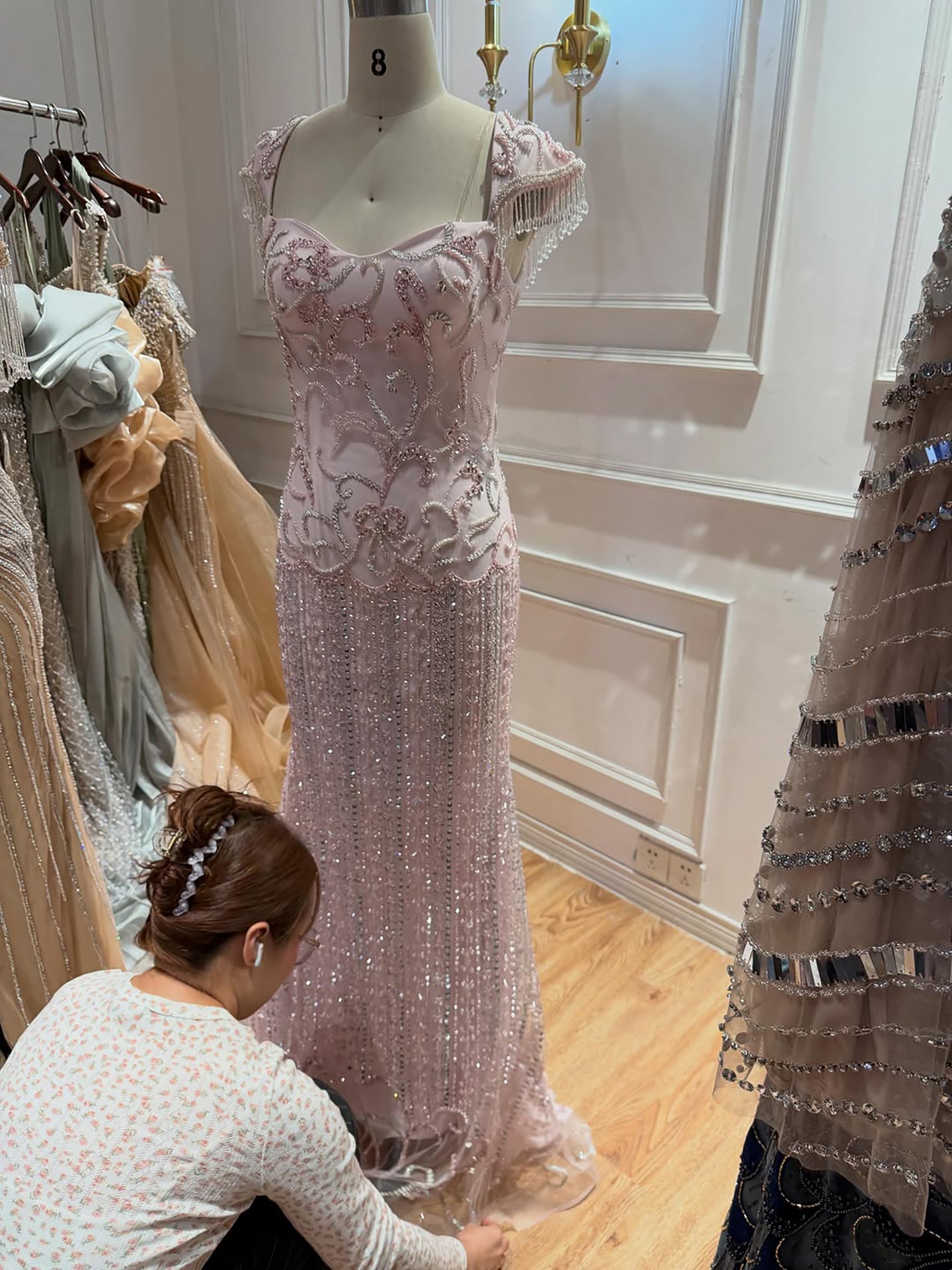 Luxury Pink Beaded Mermaid Evening Dress LA73550