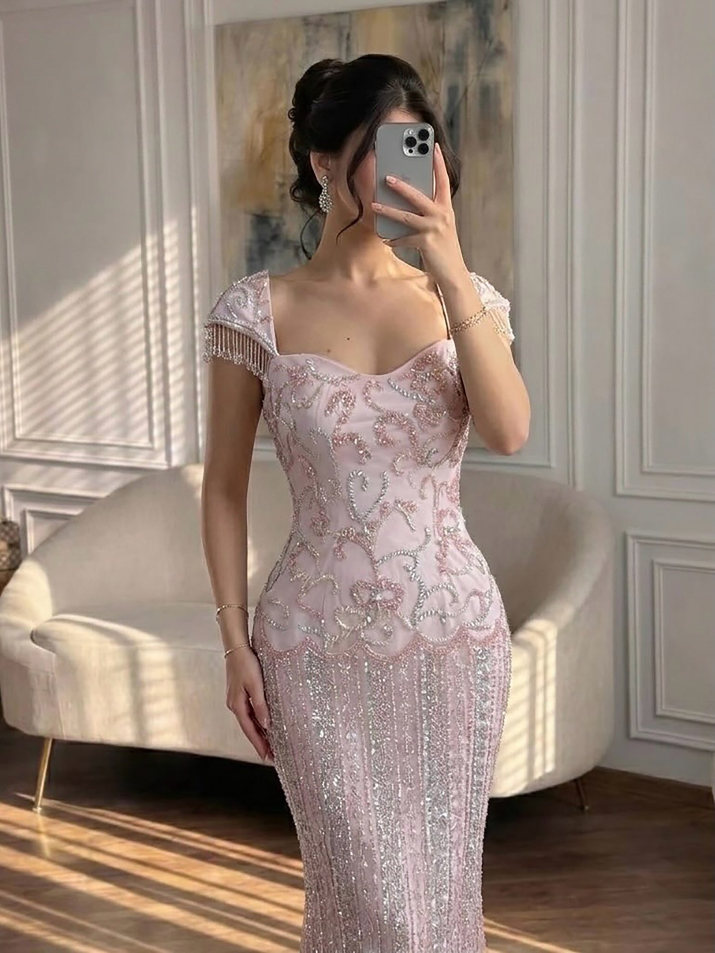 Luxury Pink Beaded Mermaid Evening Dress LA73550