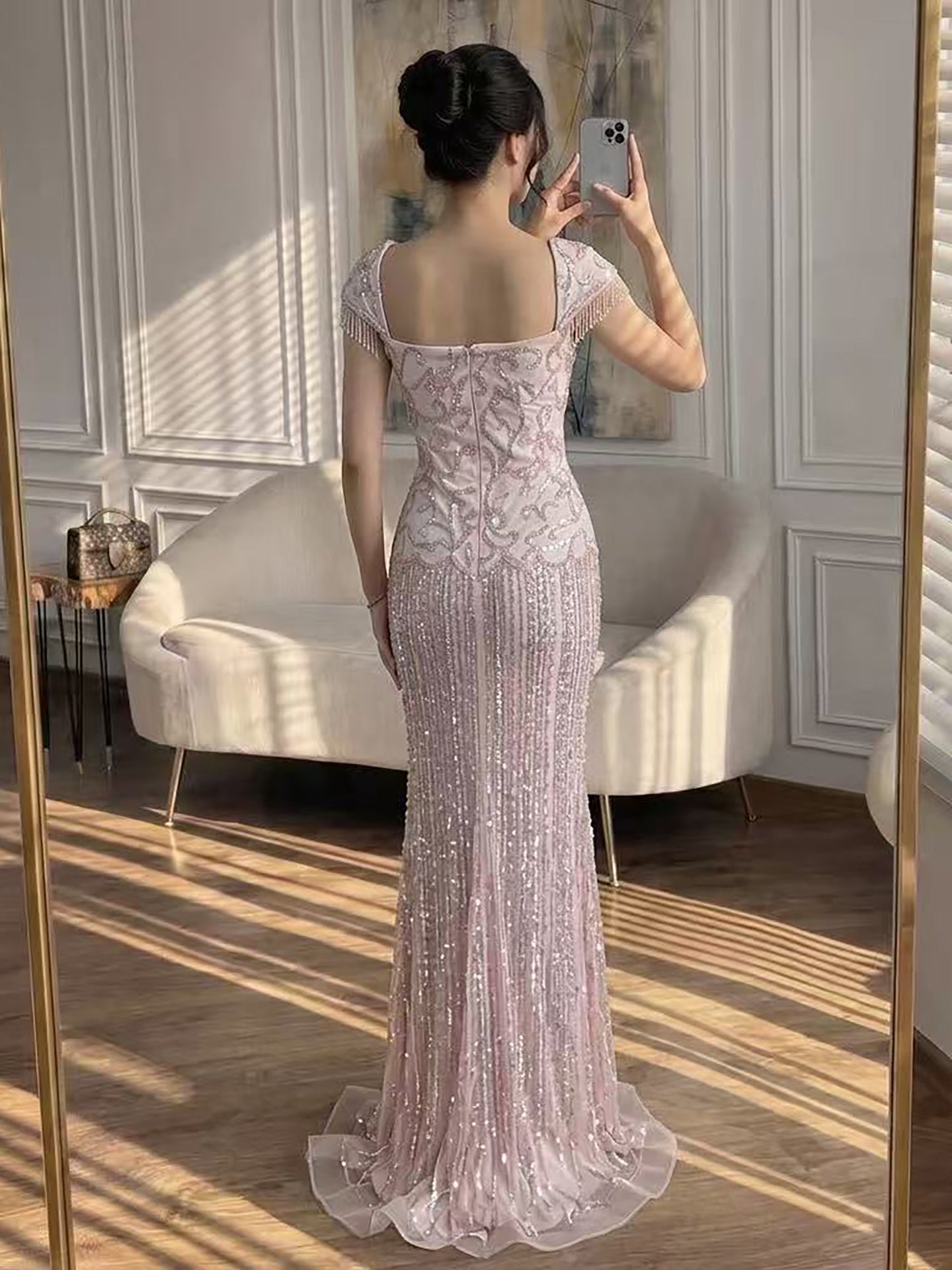 Luxury Pink Beaded Mermaid Evening Dress LA73550