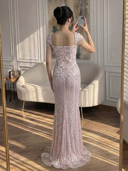 Luxury Pink Beaded Mermaid Evening Dress LA73550