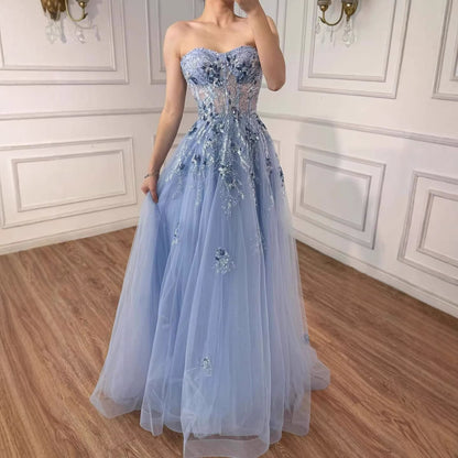 Luxury Blue Strapless Beaded A-Line Prom Dress LA73551
