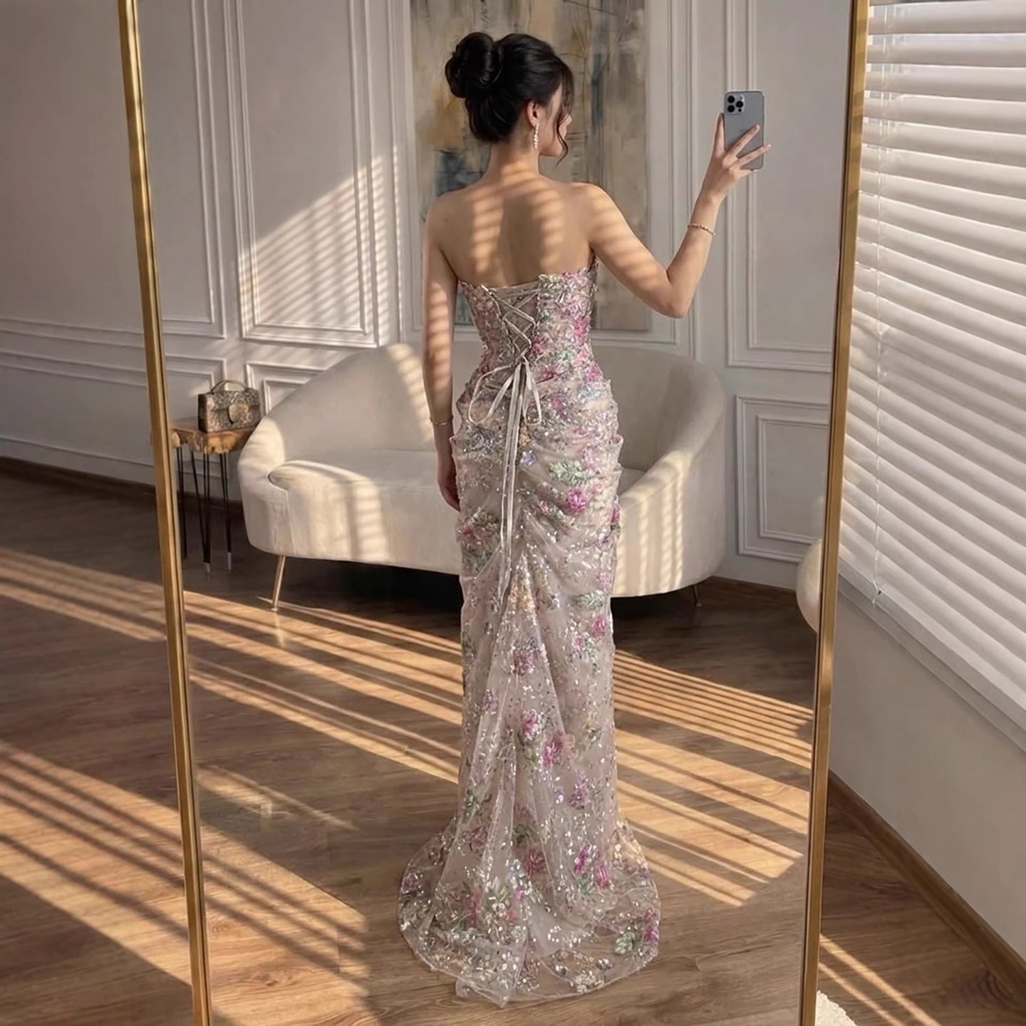 Luxury Saudi Arabic Pink 3D Flower Strapless Beaded Mermaid Evening Dress LA73552