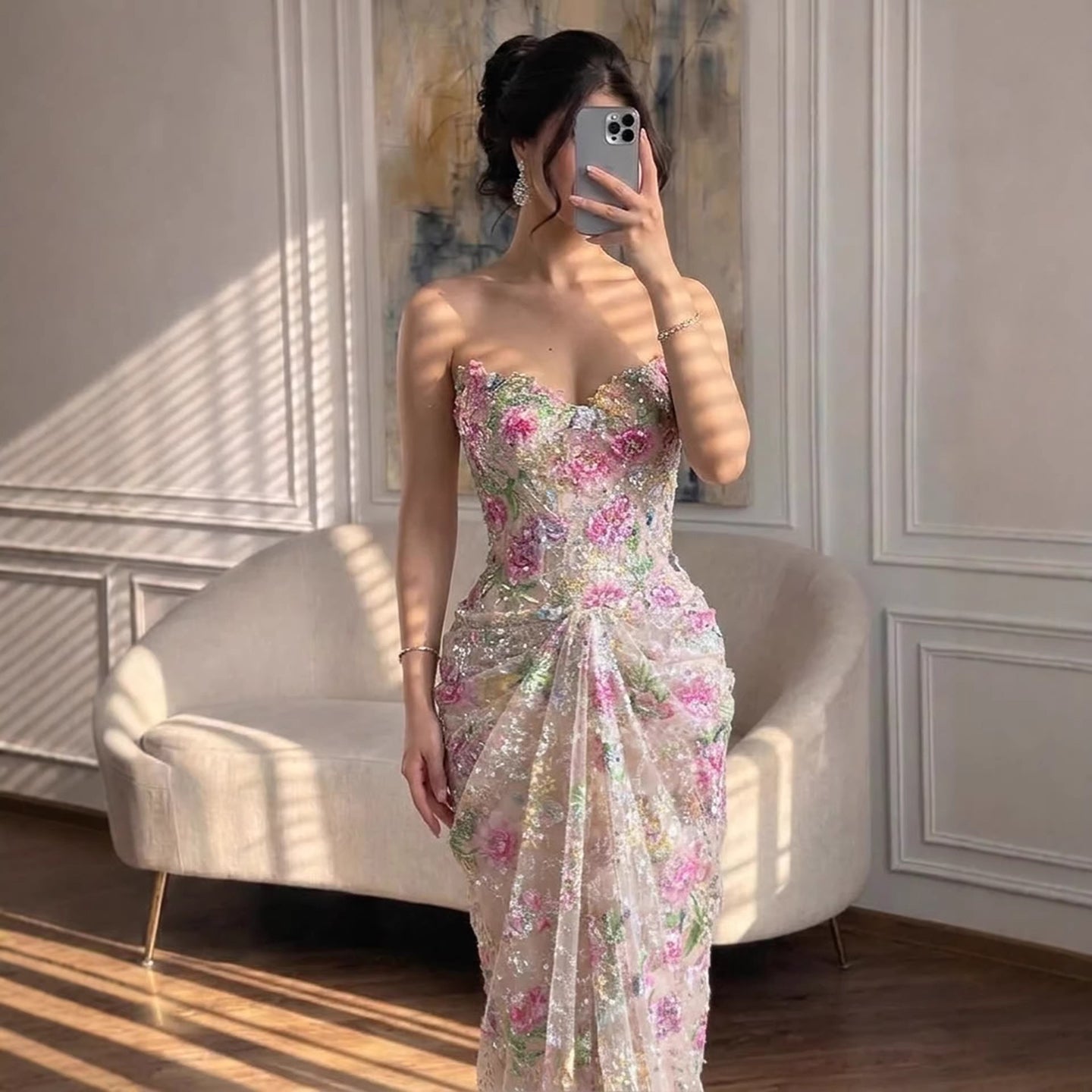 Luxury Saudi Arabic Pink 3D Flower Strapless Beaded Mermaid Evening Dress LA73552