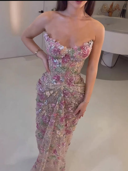 Luxury Saudi Arabic Pink 3D Flower Strapless Beaded Mermaid Evening Dress LA73552