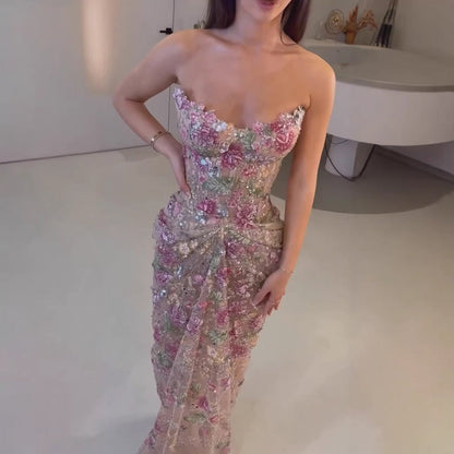 Luxury Saudi Arabic Pink 3D Flower Strapless Beaded Mermaid Evening Dress LA73552