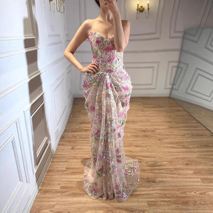 Luxury Saudi Arabic Pink 3D Flower Strapless Beaded Mermaid Evening Dress LA73552