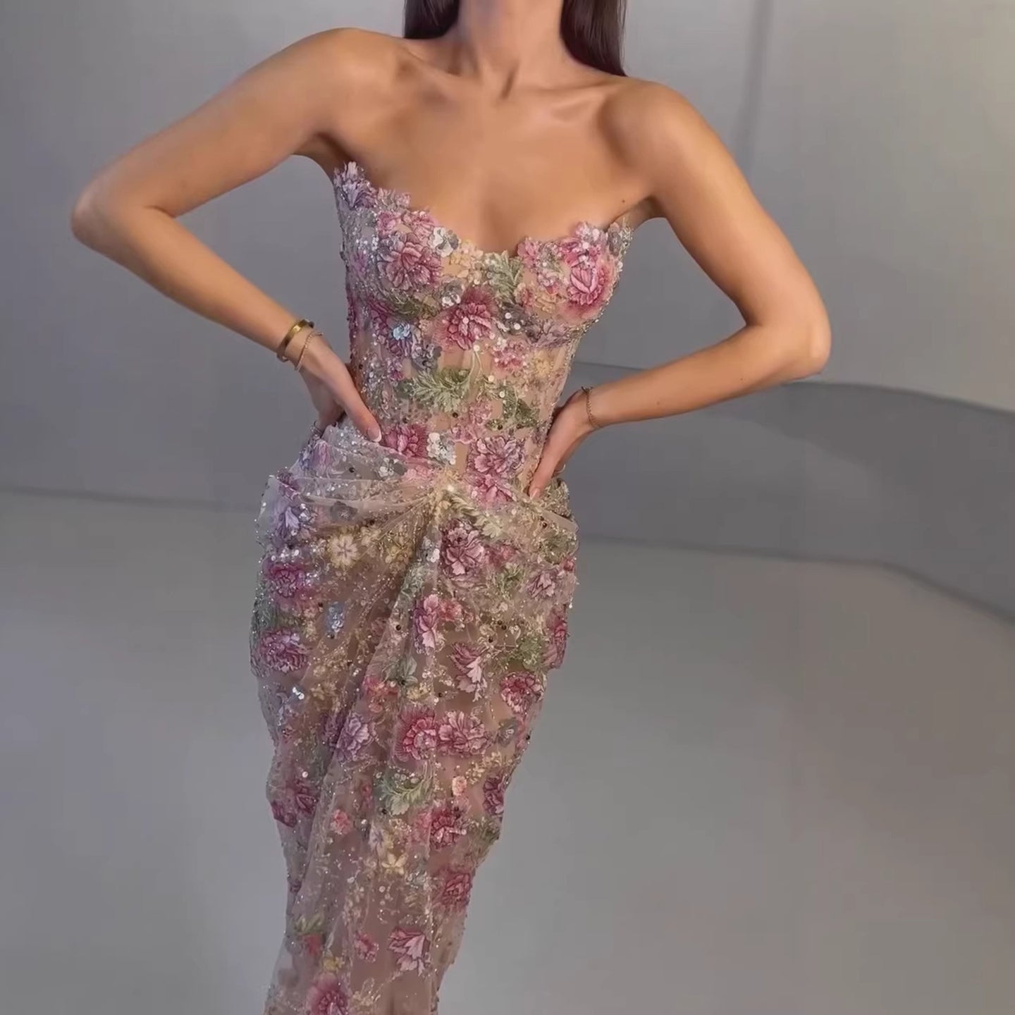 Luxury Saudi Arabic Pink 3D Flower Strapless Beaded Mermaid Evening Dress LA73552
