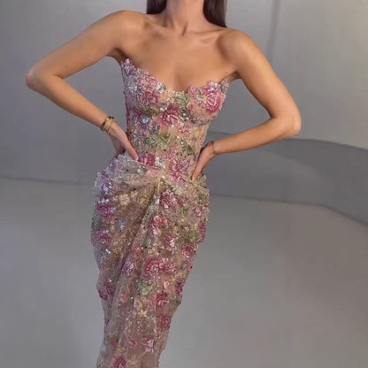 Luxury Saudi Arabic Pink 3D Flower Strapless Beaded Mermaid Evening Dress LA73552