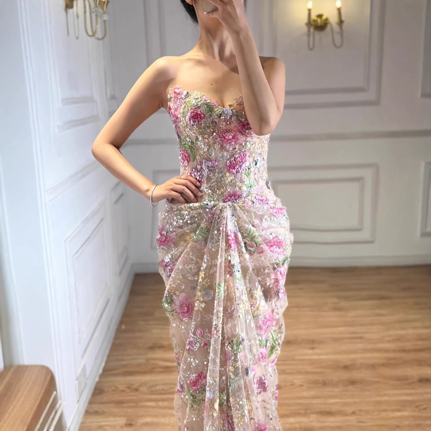Luxury Saudi Arabic Pink 3D Flower Strapless Beaded Mermaid Evening Dress LA73552