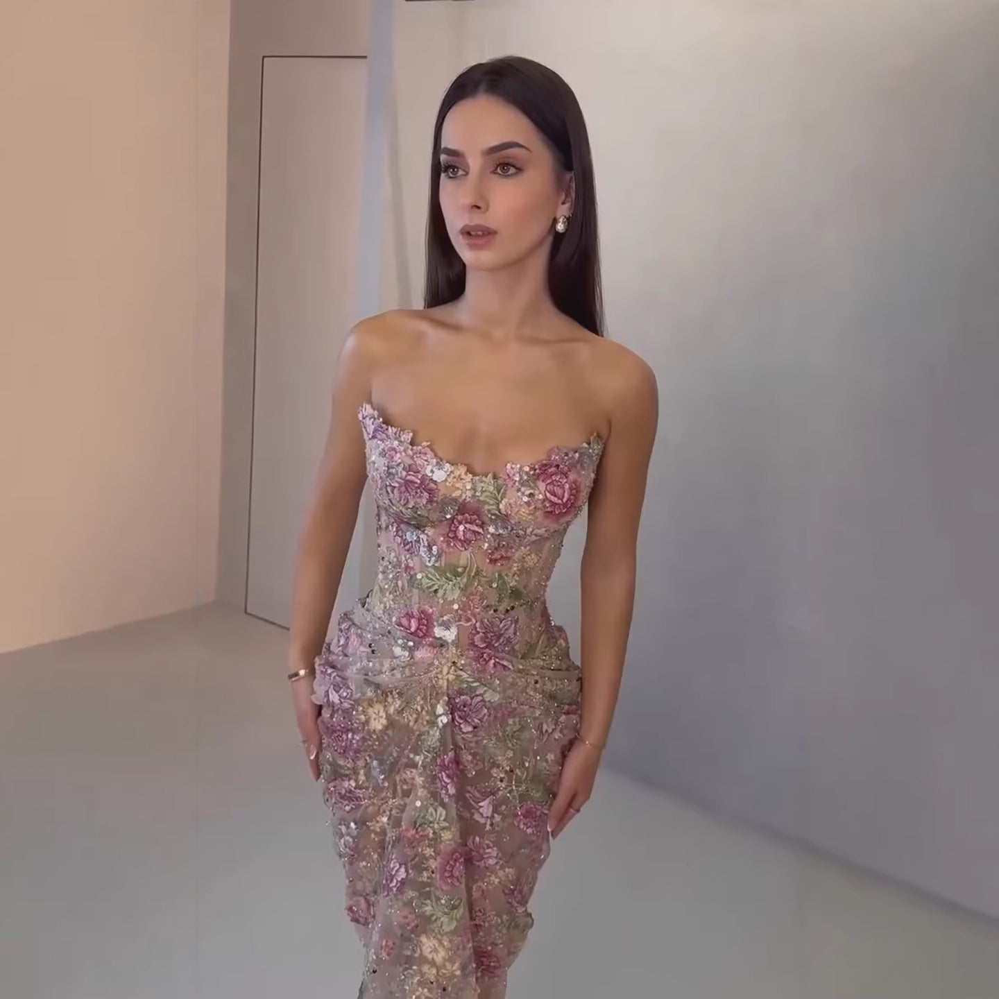 Luxury Saudi Arabic Pink 3D Flower Strapless Beaded Mermaid Evening Dress LA73552