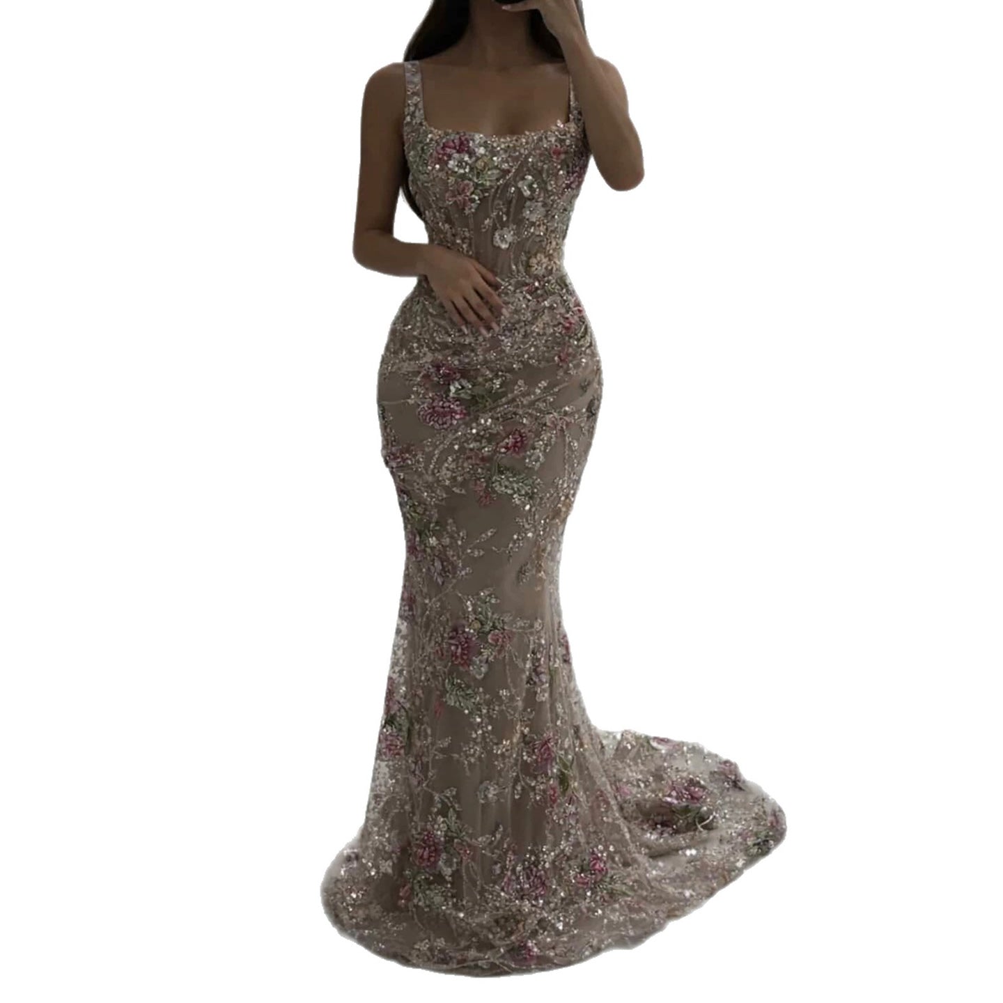 Luxury Nude Pink Floral Beaded Mermaid Evening Dress LA73552C