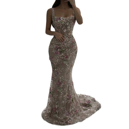 Luxury Nude Pink Floral Beaded Mermaid Evening Dress LA73552C