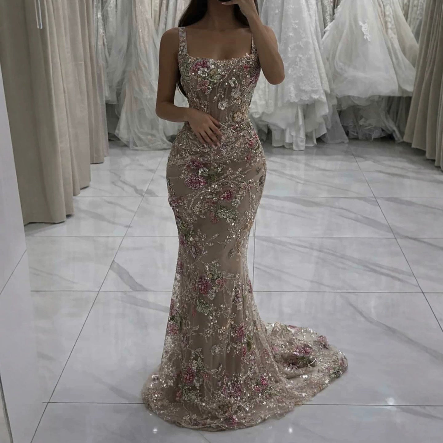 Luxury Nude Pink Floral Beaded Mermaid Evening Dress LA73552C