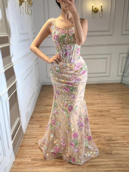 Luxury Nude Pink Floral Beaded Mermaid Evening Dress LA73552C