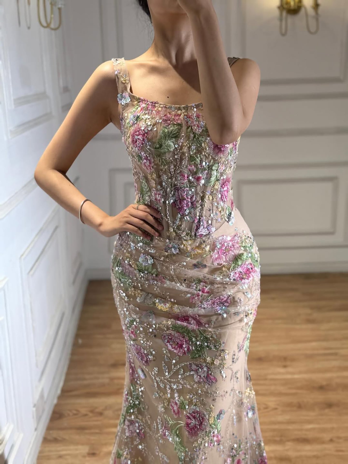Luxury Nude Pink Floral Beaded Mermaid Evening Dress LA73552C