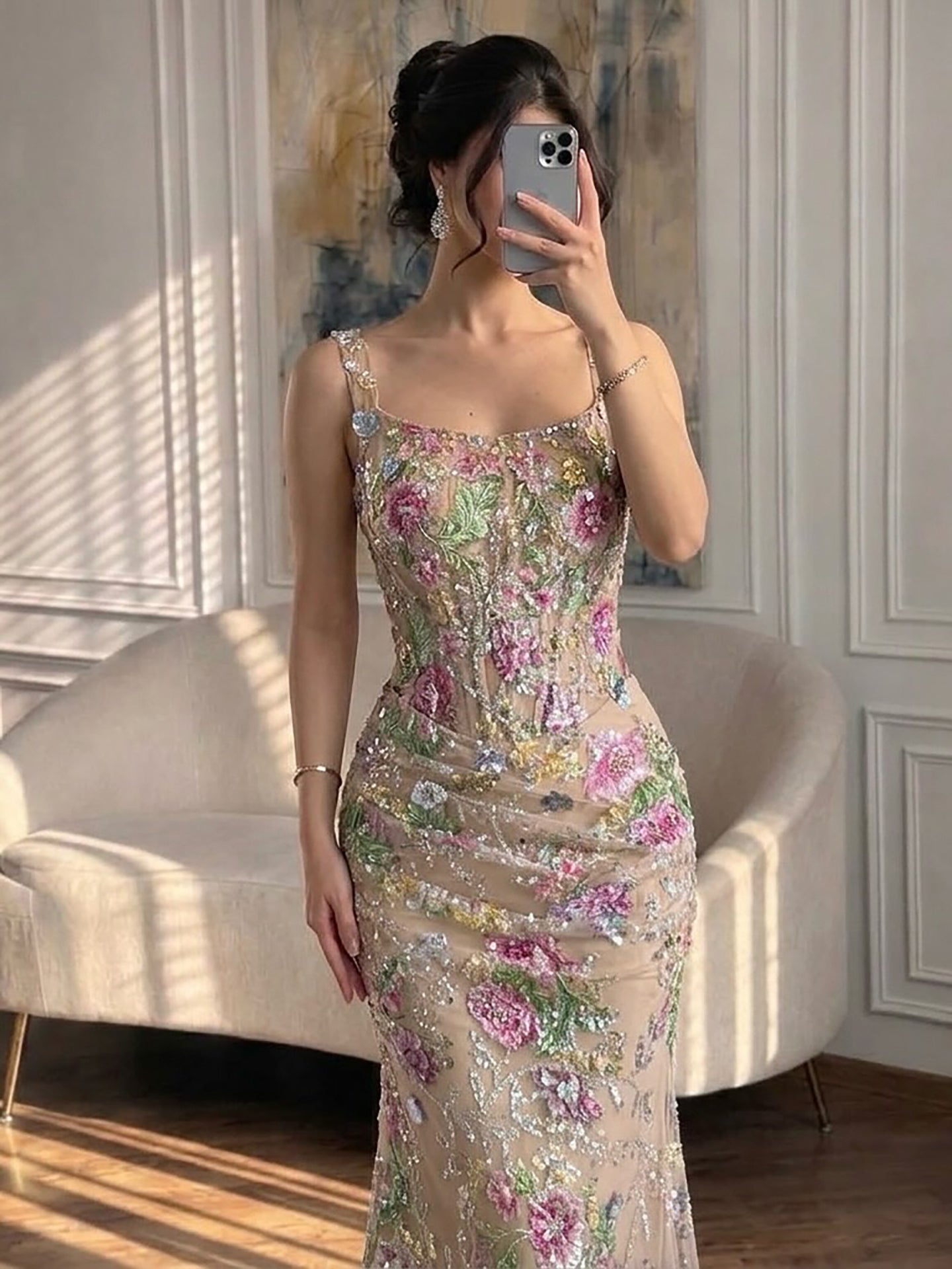 Luxury Nude Pink Floral Beaded Mermaid Evening Dress LA73552C