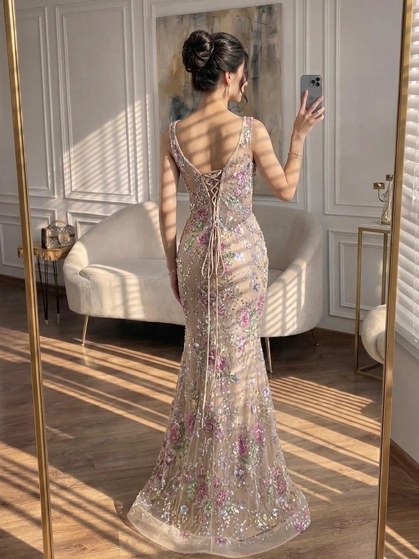 Luxury Nude Pink Floral Beaded Mermaid Evening Dress LA73552C
