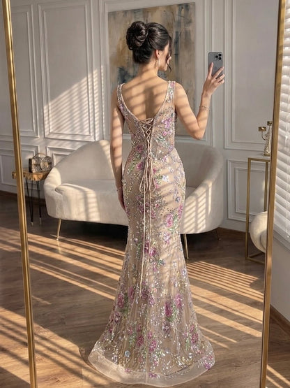 Luxury Nude Pink Floral Beaded Mermaid Evening Dress LA73552C
