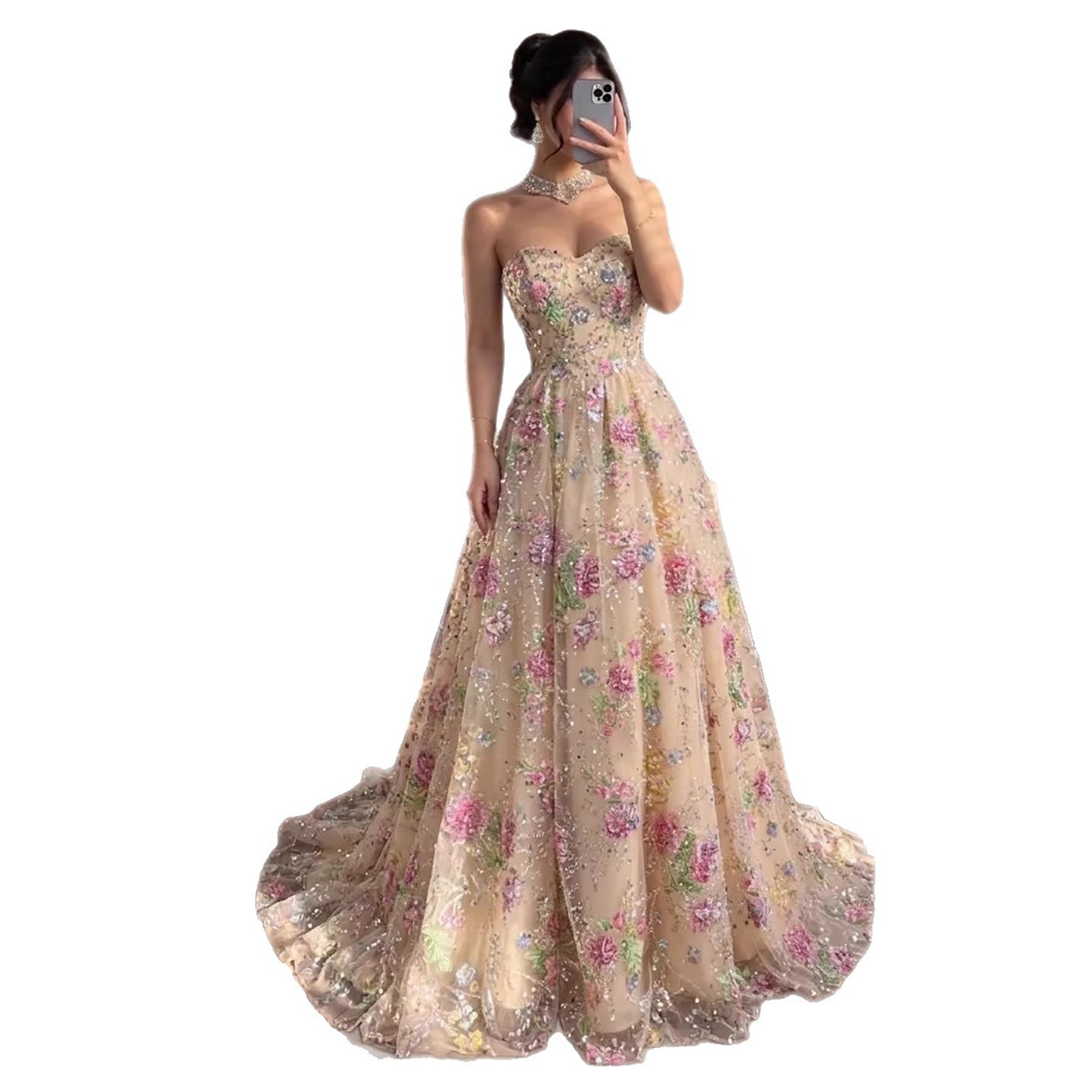Luxury Pink Floral Beaded Strapless A-Line Evening Gown LA73552D