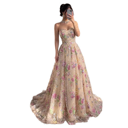 Luxury Pink Floral Beaded Strapless A-Line Evening Gown LA73552D