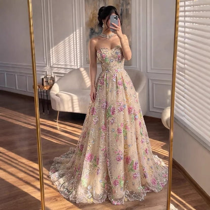 Luxury Pink Floral Beaded Strapless A-Line Evening Gown LA73552D