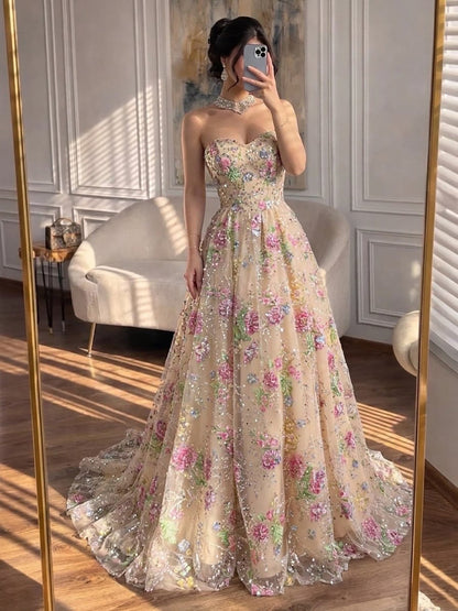 Luxury Pink Floral Beaded Strapless A-Line Evening Gown LA73552D