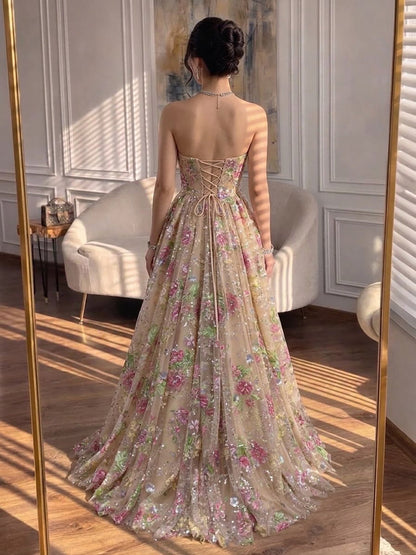 Luxury Pink Floral Beaded Strapless A-Line Evening Gown LA73552D