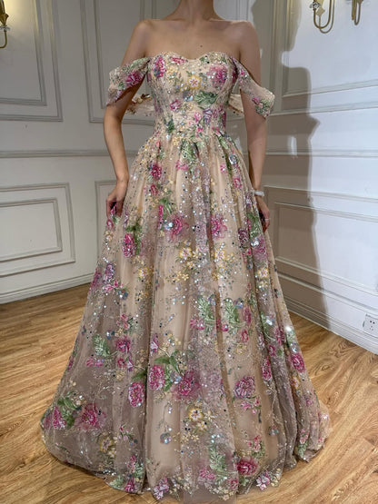Luxury Pink Floral Beaded Strapless A-Line Evening Gown LA73552D