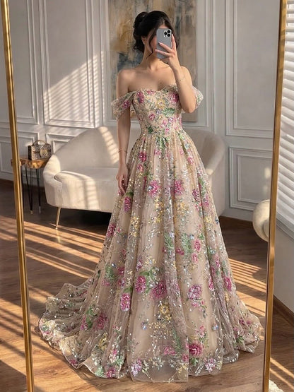 Luxury Pink Floral Beaded Strapless A-Line Evening Gown LA73552D