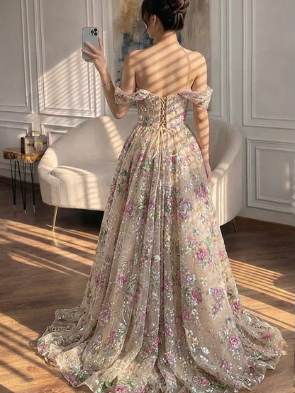 Luxury Pink Floral Beaded Strapless A-Line Evening Gown LA73552D