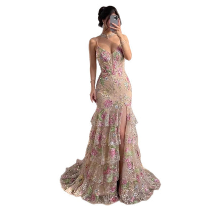 Luxury Pink Floral Beaded Spaghetti Strap Mermaid Dress LA73552E