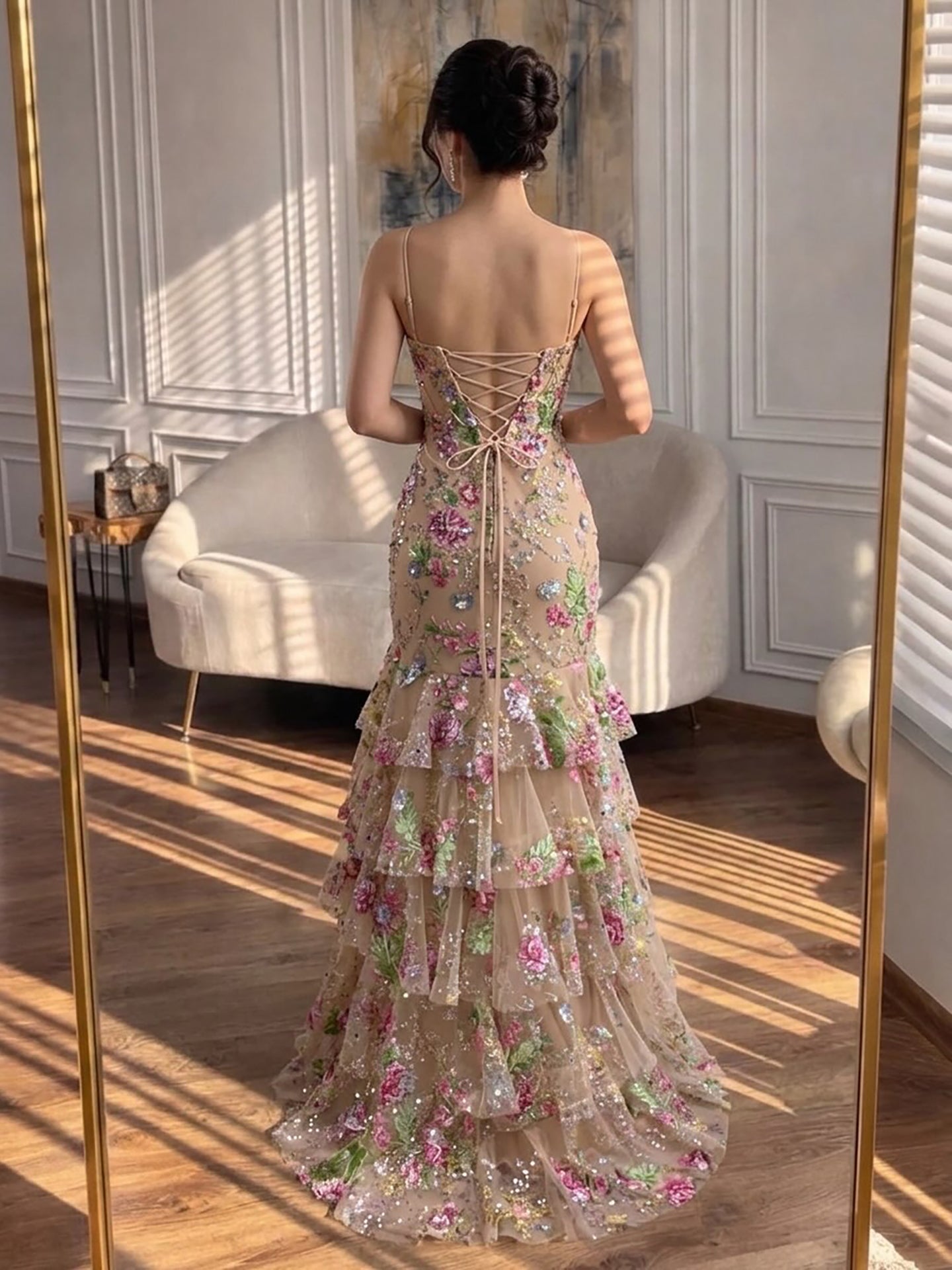Luxury Pink Floral Beaded Spaghetti Strap Mermaid Dress LA73552E