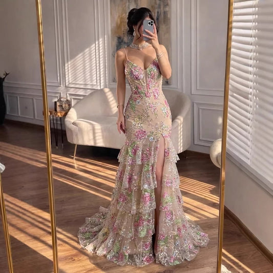 Luxury Pink Floral Beaded Spaghetti Strap Mermaid Dress LA73552E