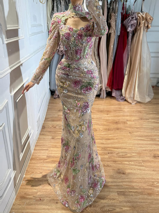 Luxury Nude Pink Floral Beaded Mermaid Evening Dress LA73552F