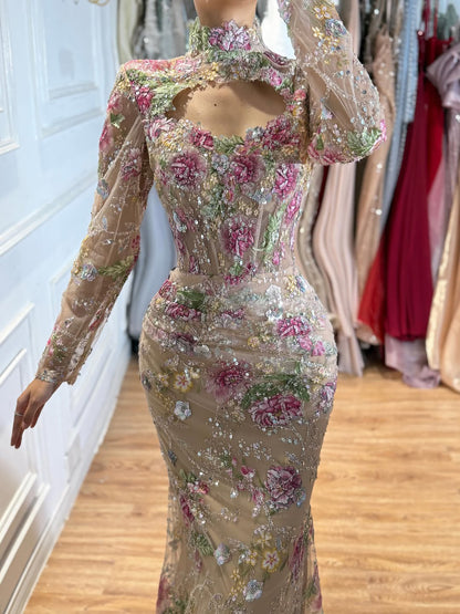 Luxury Nude Pink Floral Beaded Mermaid Evening Dress LA73552F