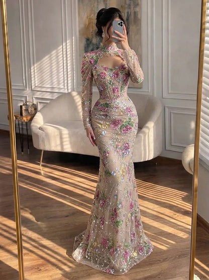 Luxury Nude Pink Floral Beaded Mermaid Evening Dress LA73552F