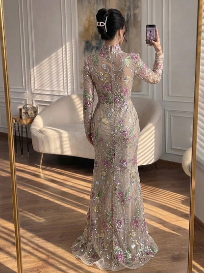 Luxury Nude Pink Floral Beaded Mermaid Evening Dress LA73552F