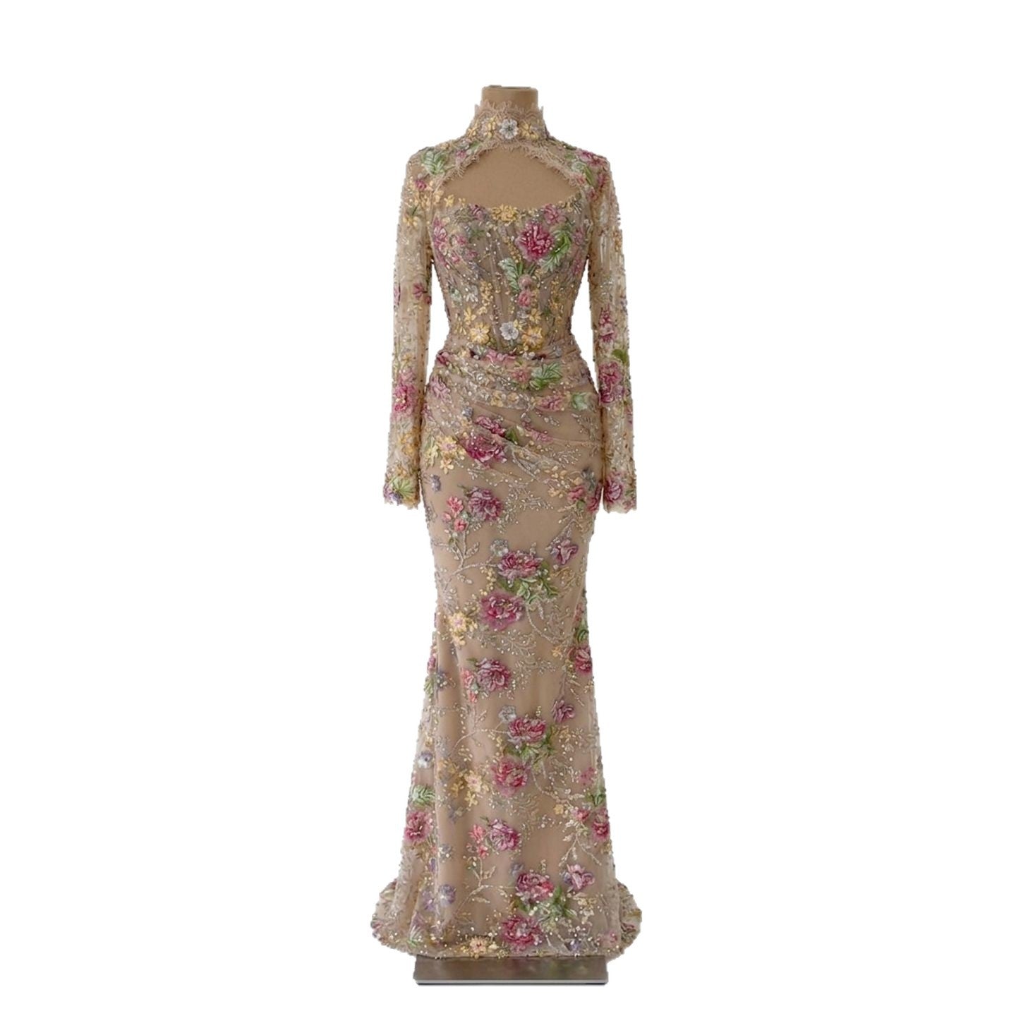 Luxury Nude Pink Floral Beaded Mermaid Evening Dress LA73552F