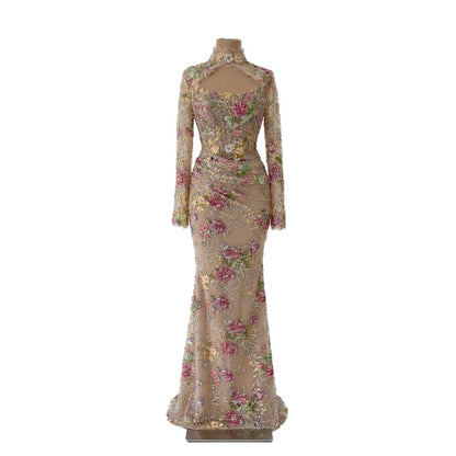 Luxury Nude Pink Floral Beaded Mermaid Evening Dress LA73552F